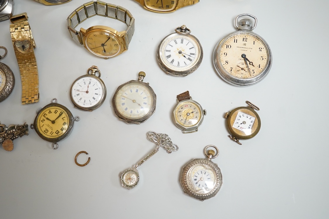 A lady's Edwardian silver and enamel fob watch, with Roman dial and heart shaped orifice, one other silver fob watch and four other white metal fob watches, together with a chrome cased Ingersoll pocket watch and eleven